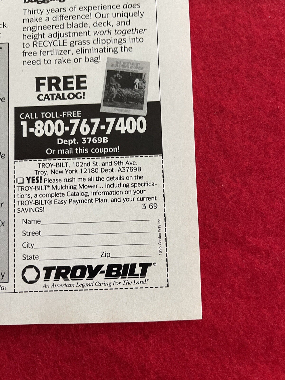 Vintage 1993 Troy Bilt Mulching Mower Print Ad