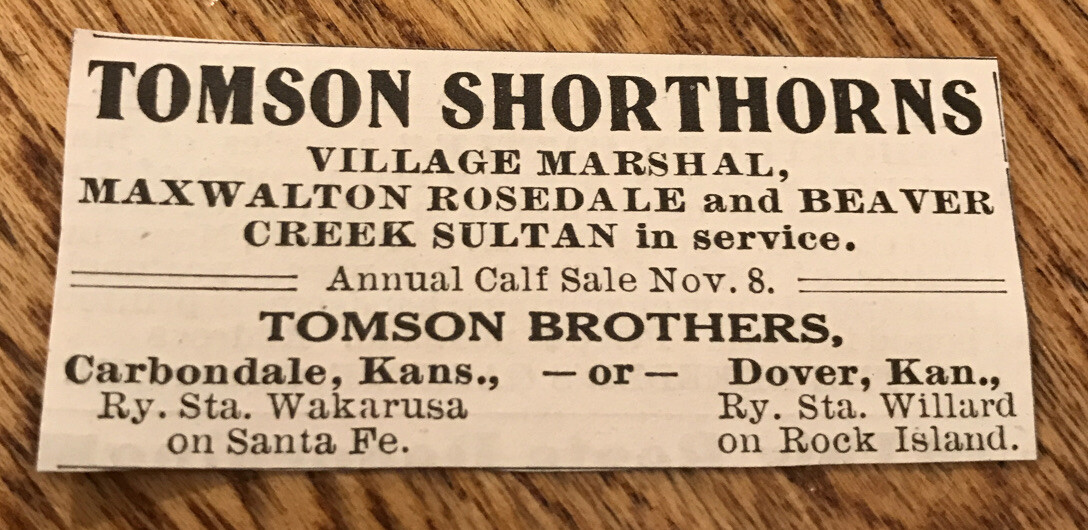 1917 Tomson Shorthorns Cattle Advertising – Carbondale & Dover – Kansas