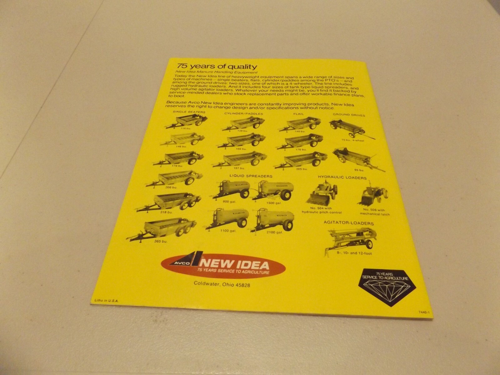 NEW IDEA MANURE SPREADERS AND HYDRAULIC LOADERS 75 YEARS, LIT. # 7440-1, 73-74