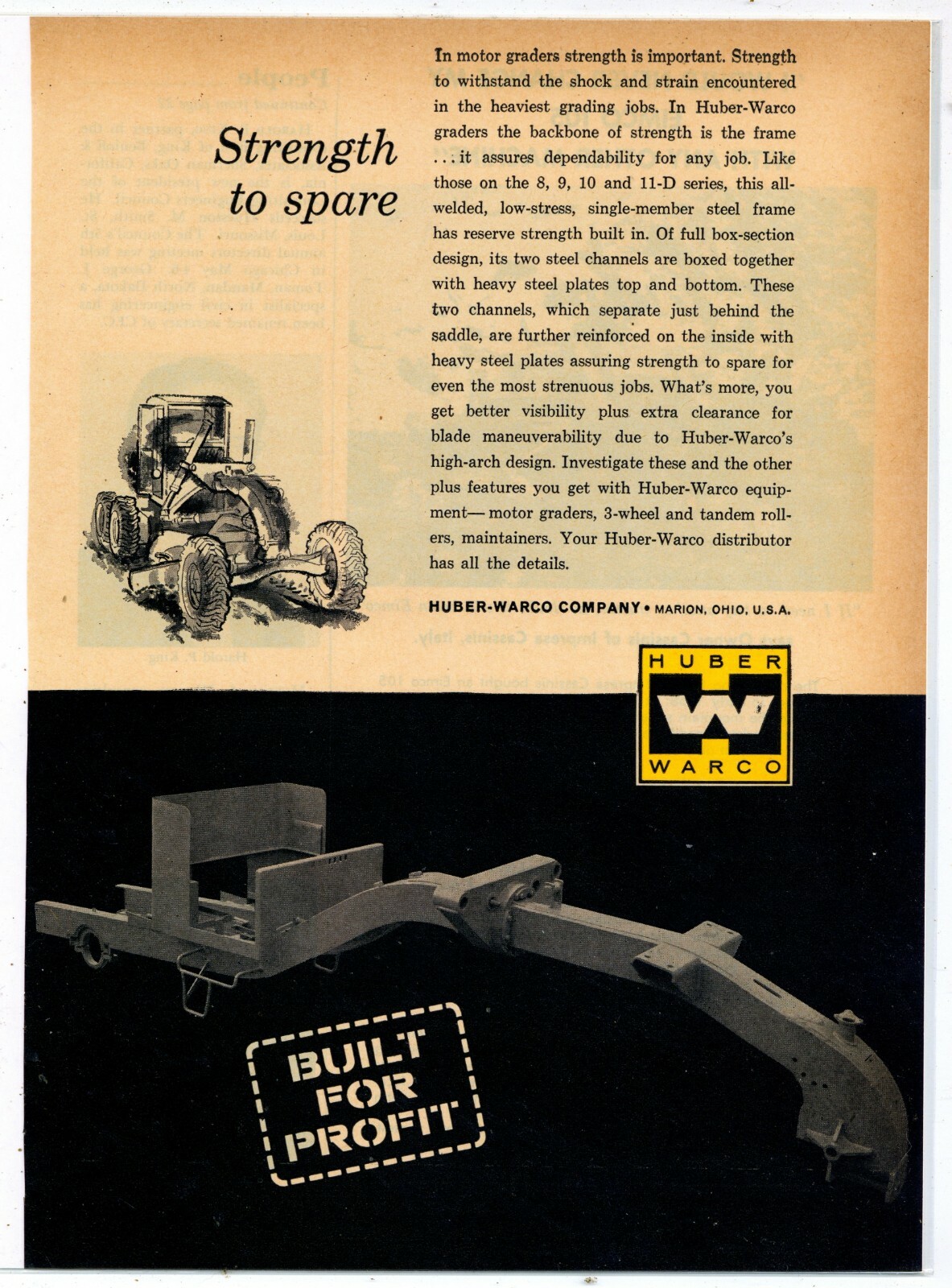 1961 Huber Warco Ad: 8-11-D Series Motor Graders – Built for Profit! – Marion OH