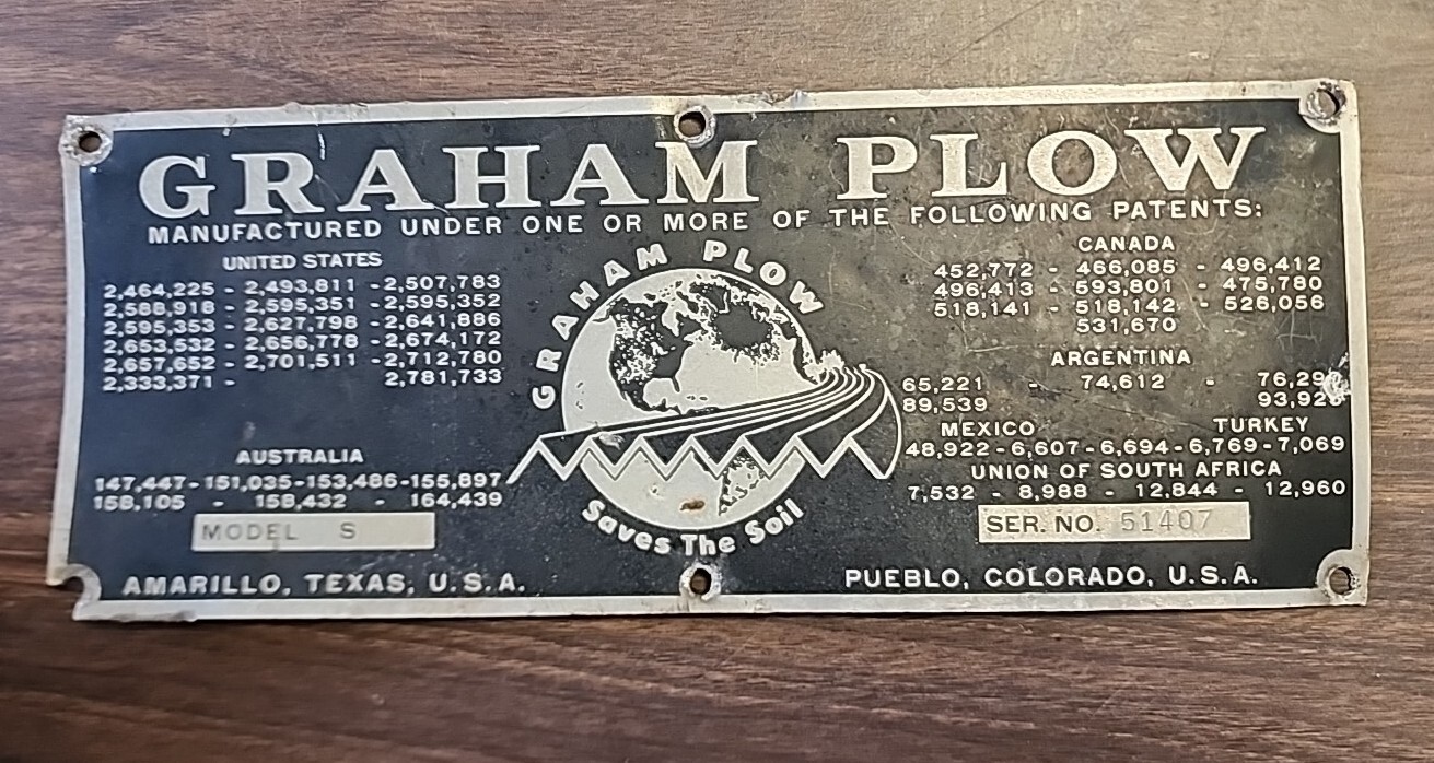 Vintage Graham Plow Metal ID Name Plate, Model S, S/N 51407