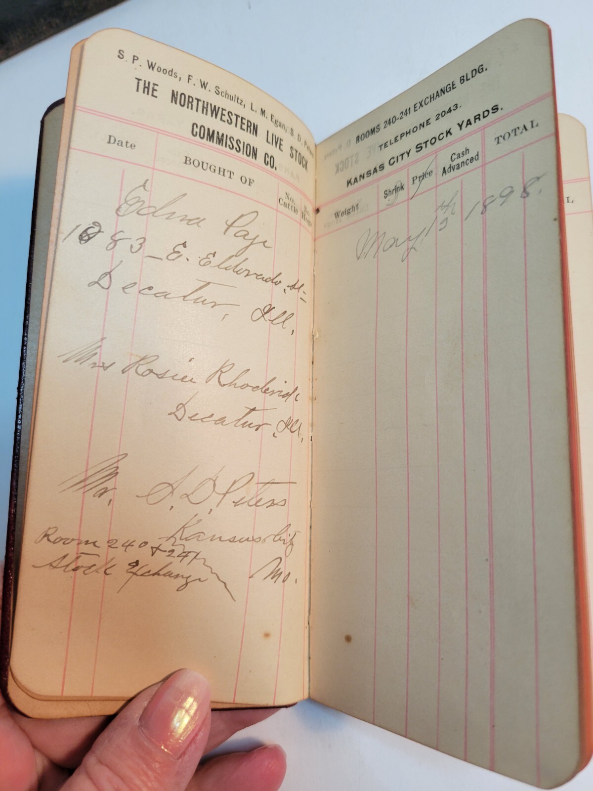 1898 Northwestern Live Stock Commission Co., K.C., MO, pocket ledger w case