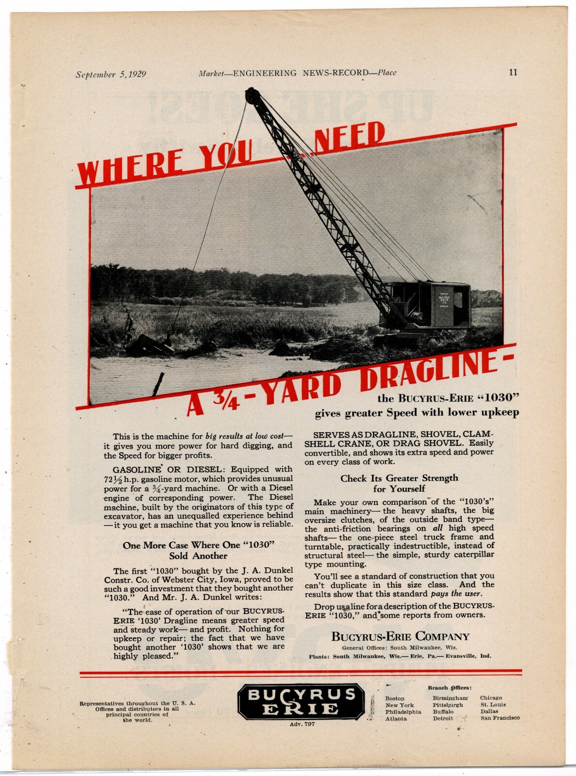 1929 Bucyrus Erie Equipment Ad: Model 1030 Dragline, Shovel, Crane, Clamshell