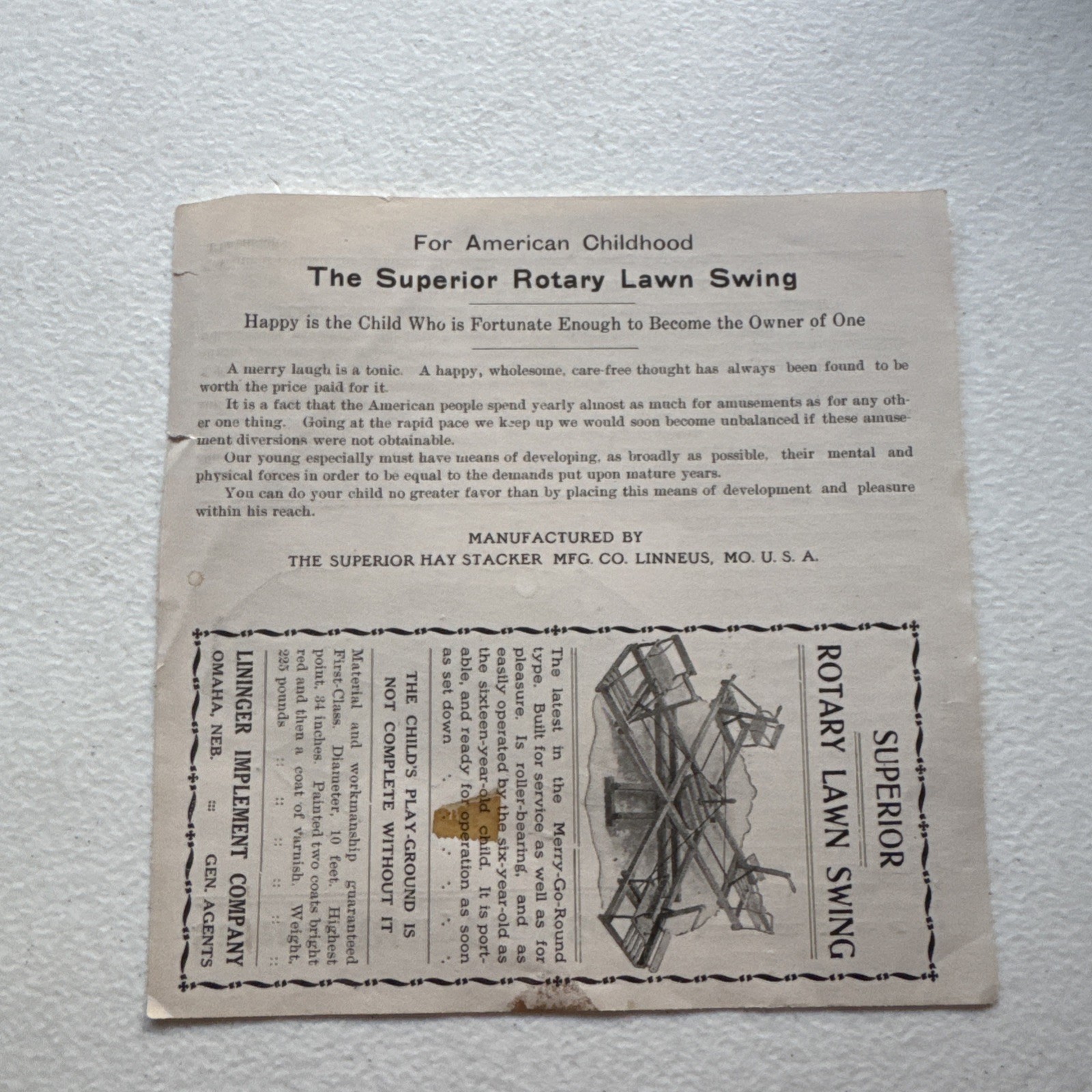 The Superior Hay Stacker Manufacturing Co. Superior Rotary Porch Swing Pamphlet