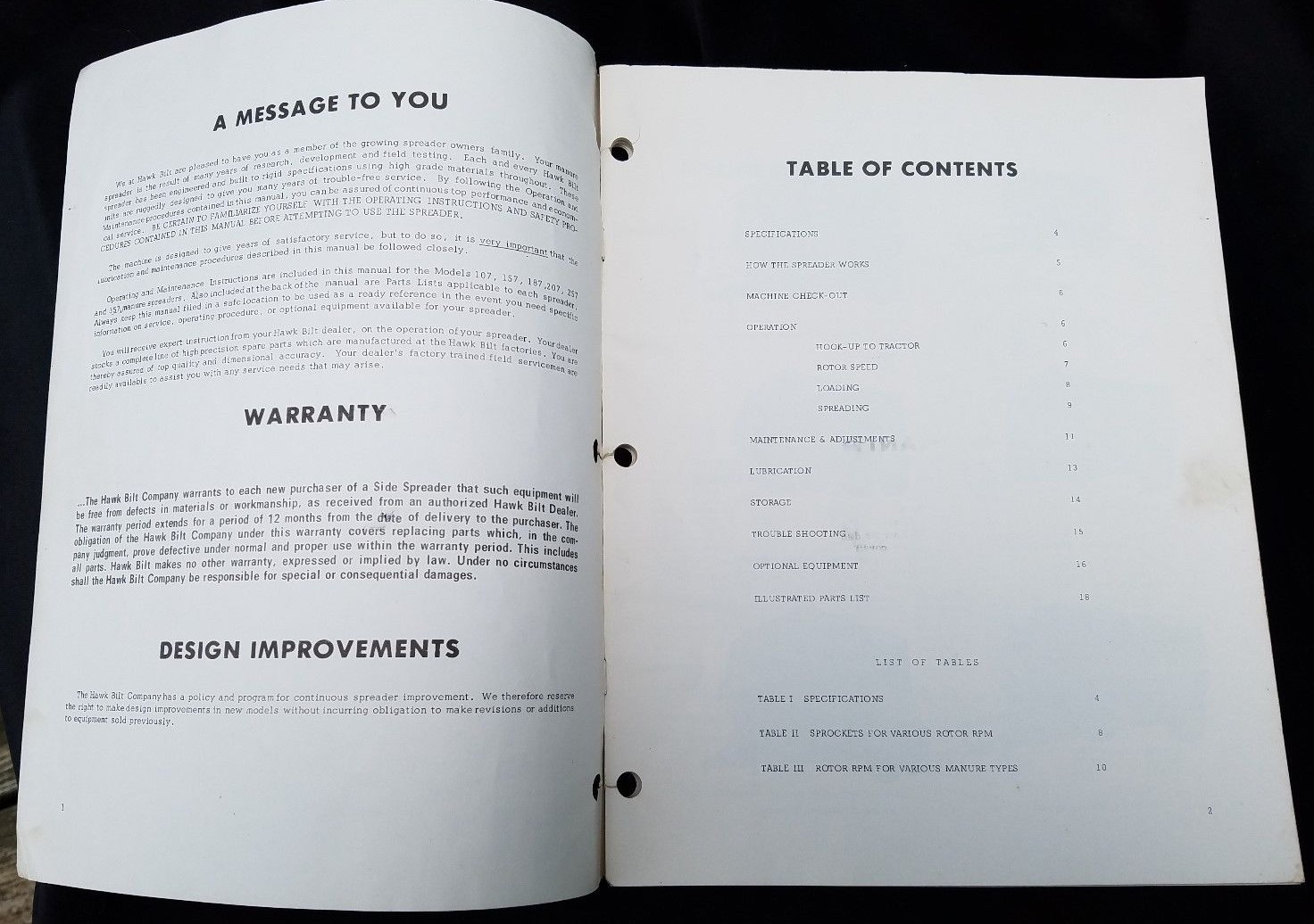 1975 Owner&rsquo;s Manual HAWK BILT Manure Spreaders SS 400 Hawk Bilt Co Vinton Iowa