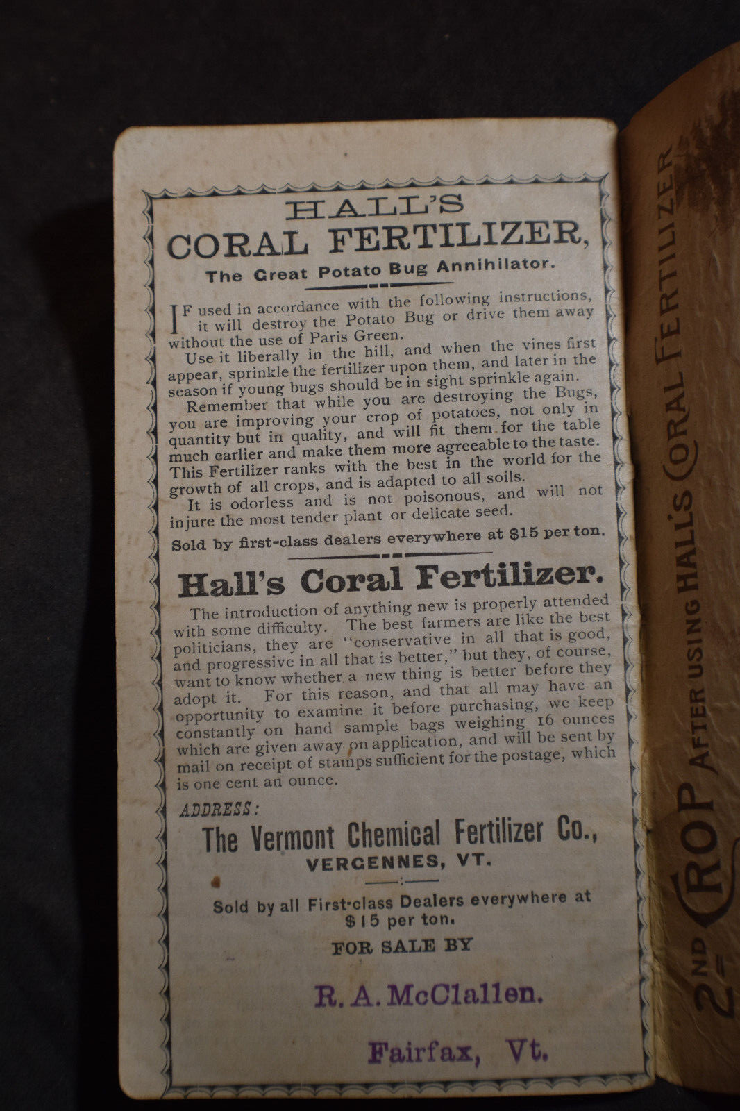 Ca 1888 Vermont Chemical Fertilizer Company Brochure – Vergennes Vermont