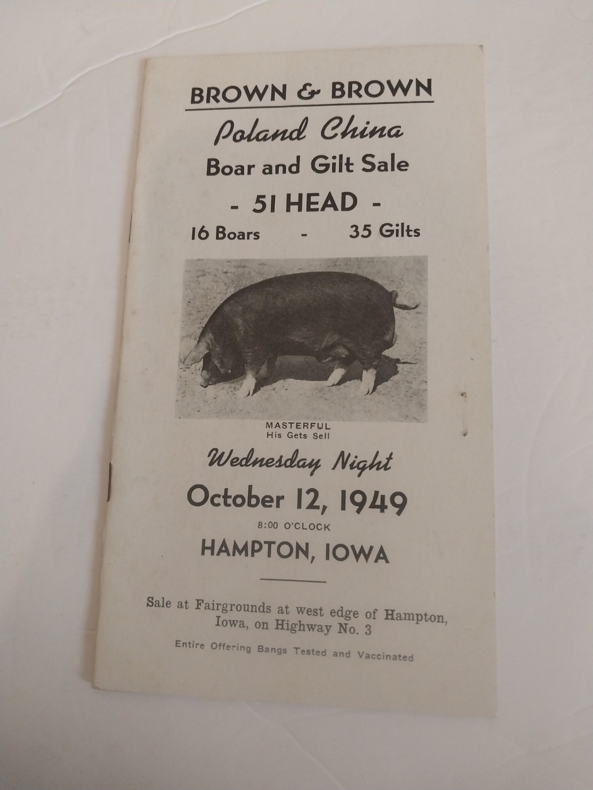 Brown & Brown – Poland China boar & gilt sale brochure 10/12/1949 Hampton, Iowa