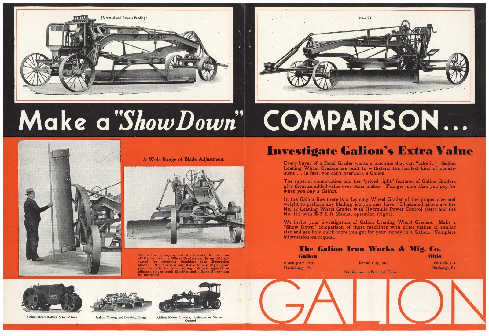 1935 Galion Iron Works of OhiO True Centerfold Ad: No. 12 Leaning Wheel Grader