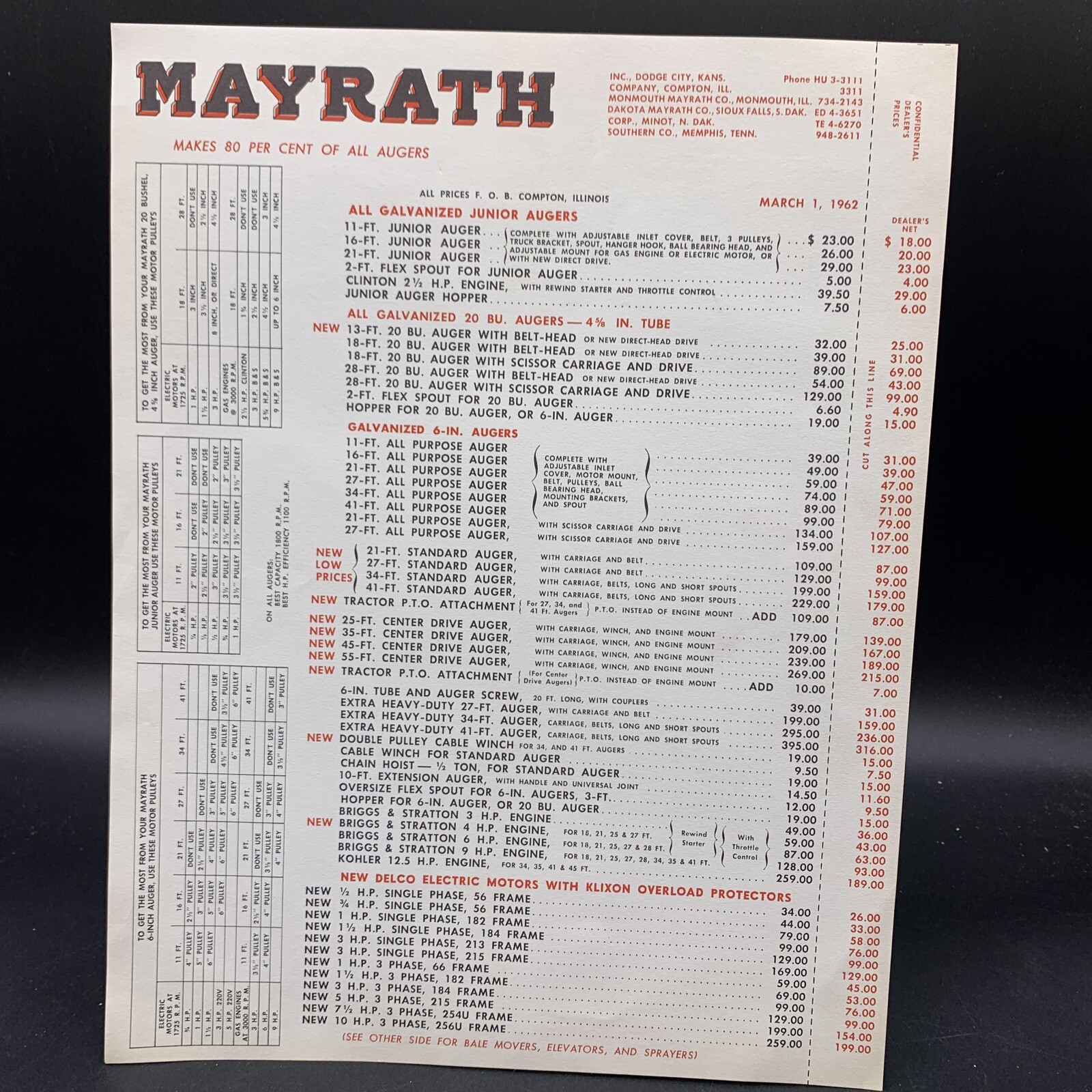 1962 Mayrath Crop Sprayers/Augers/Elevators Sales Brochure And Price List