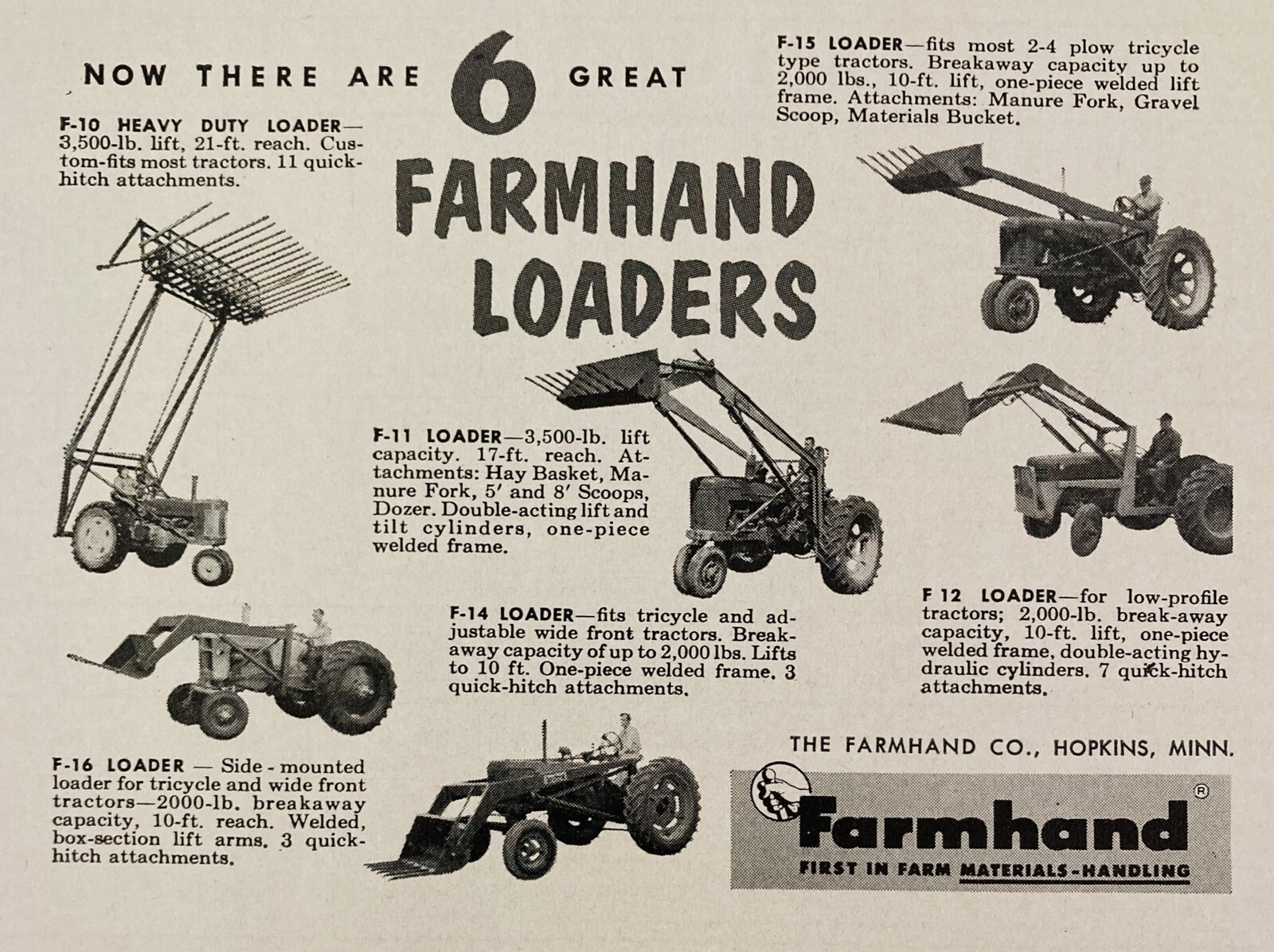 1958 AD.(XH68)~FARMHAND CO. HOPKINS, MINN. FARMHAND TRACTOR LOADERS