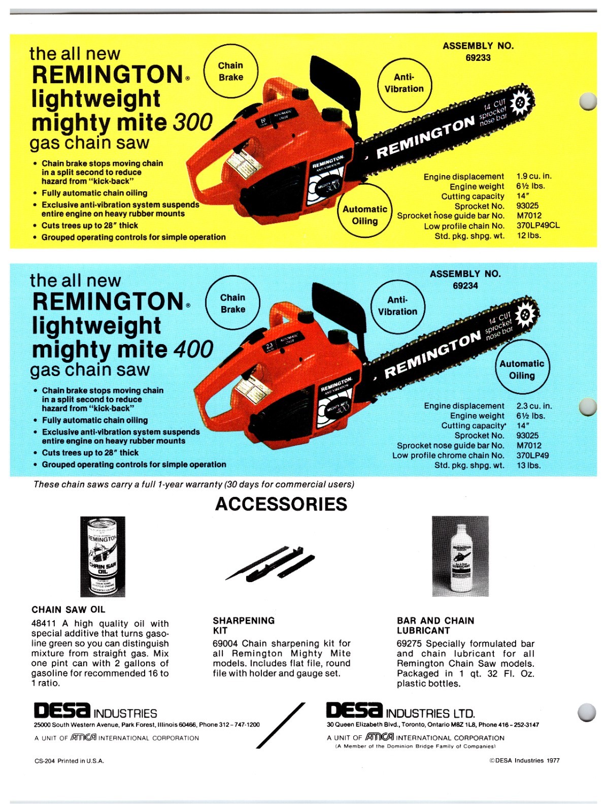 Original 1970s Remington Chainsaws Sales Info Sheet (Mighty Mite Gas Models)