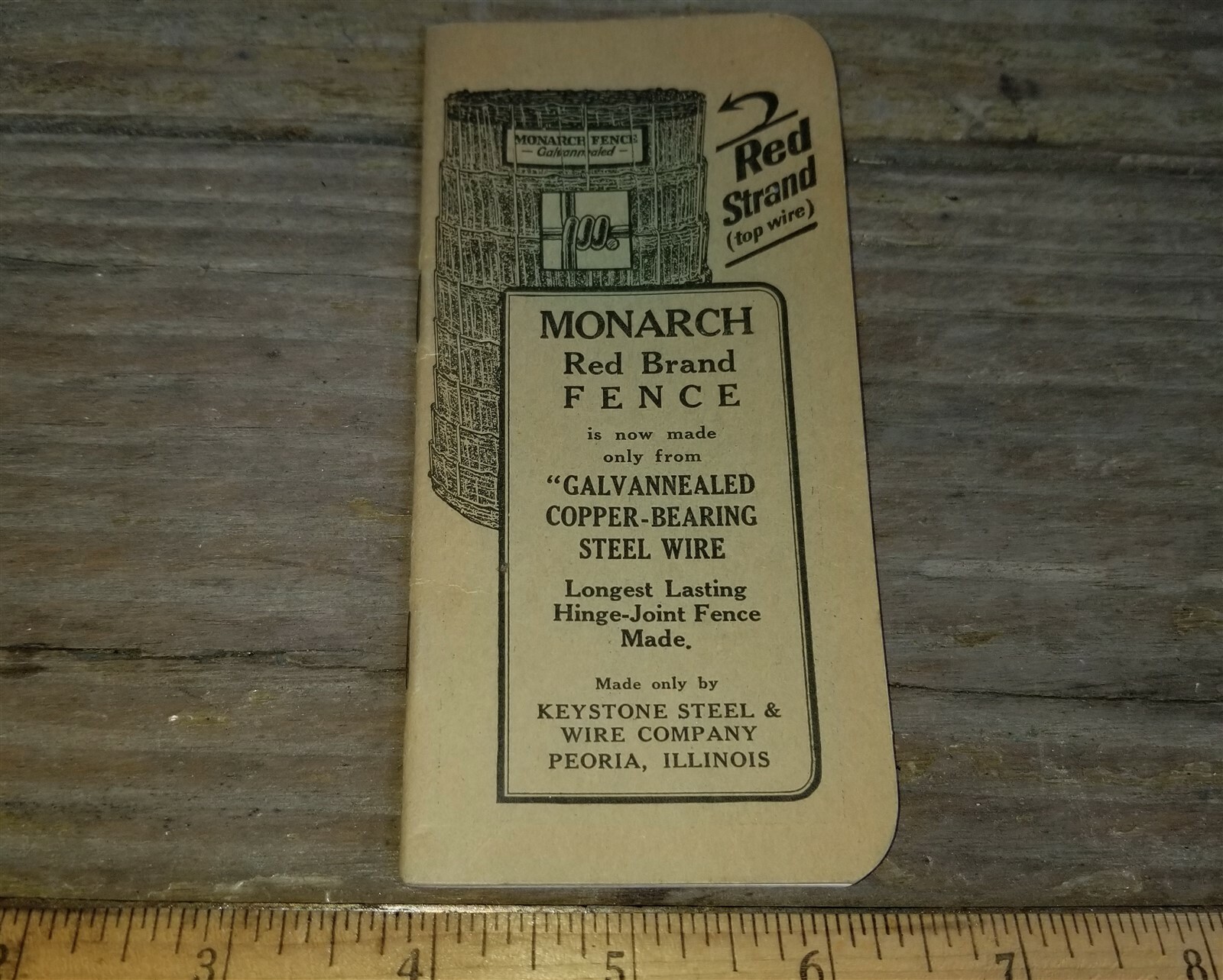 ANTIQUE MONARCH RED BRAND FENCE POCKET NOTEBOOK ADVERTISING PEORIA ILLINOIS