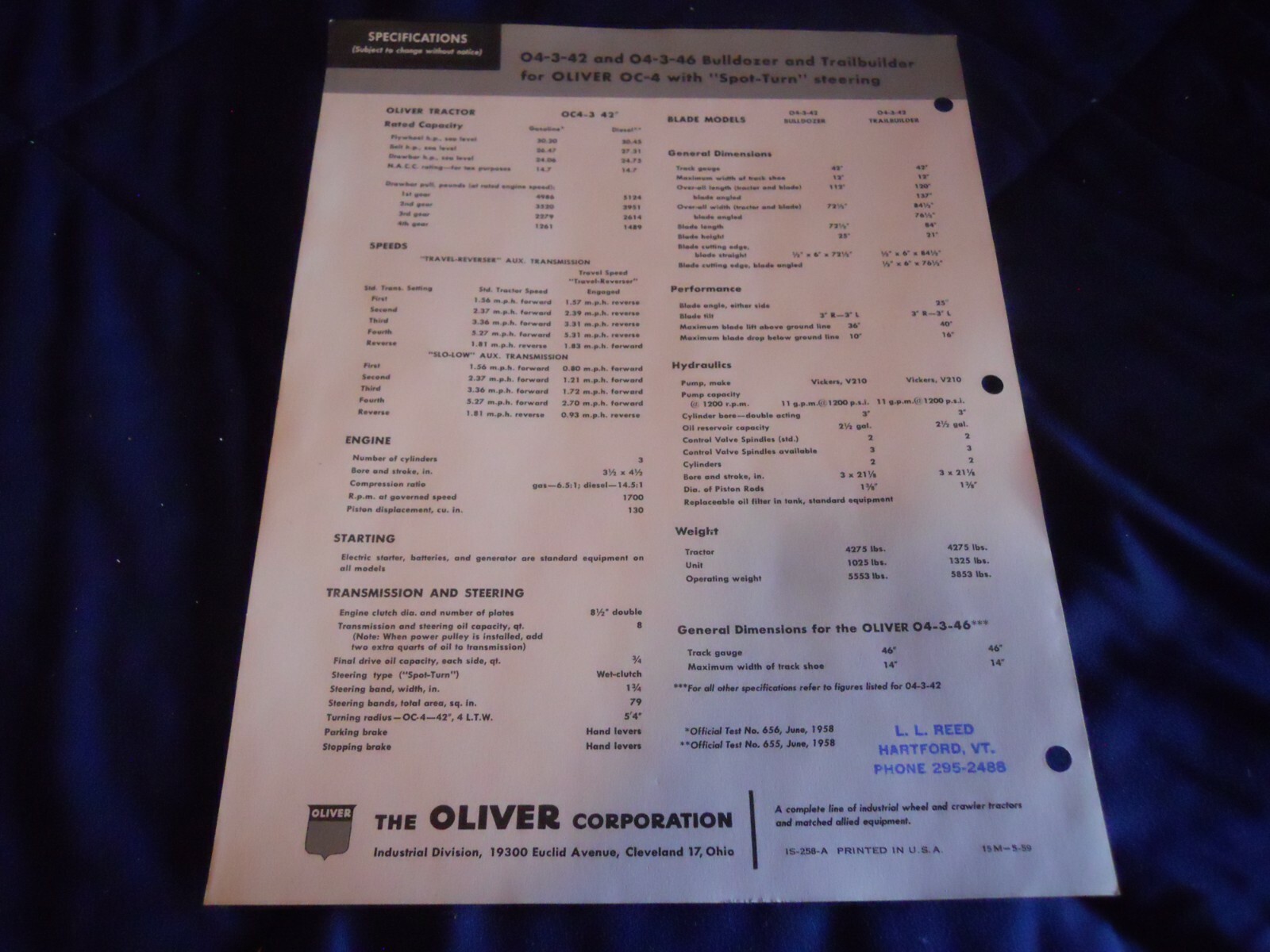 Original Dealer Sales Flyer w/ Specs – Oliver 04-3-42 & 04-3-46 Bulldozer