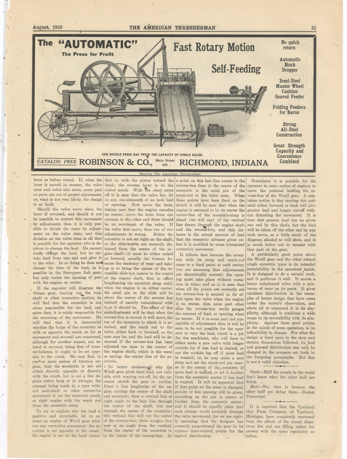 1910 Robinson & Co. Ad: Double Press Hay Baler – Richmond, Indiana