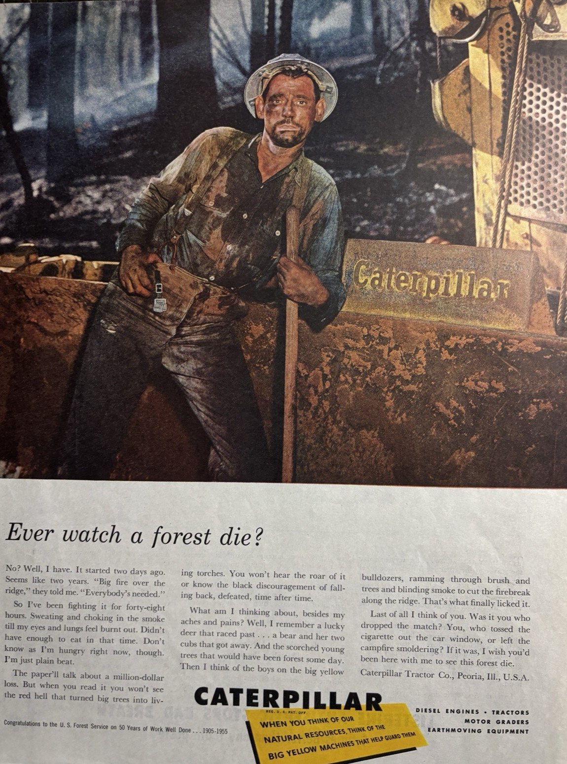 1955 Caterpillar Tractor Co Peoria IL Forest Die Engines Graders VTG Print Ad