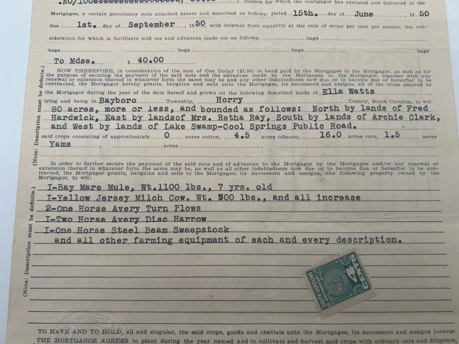 1950 SC Crop Mortgage Johnson Cotton Co Mule Cow Horry County # 1154