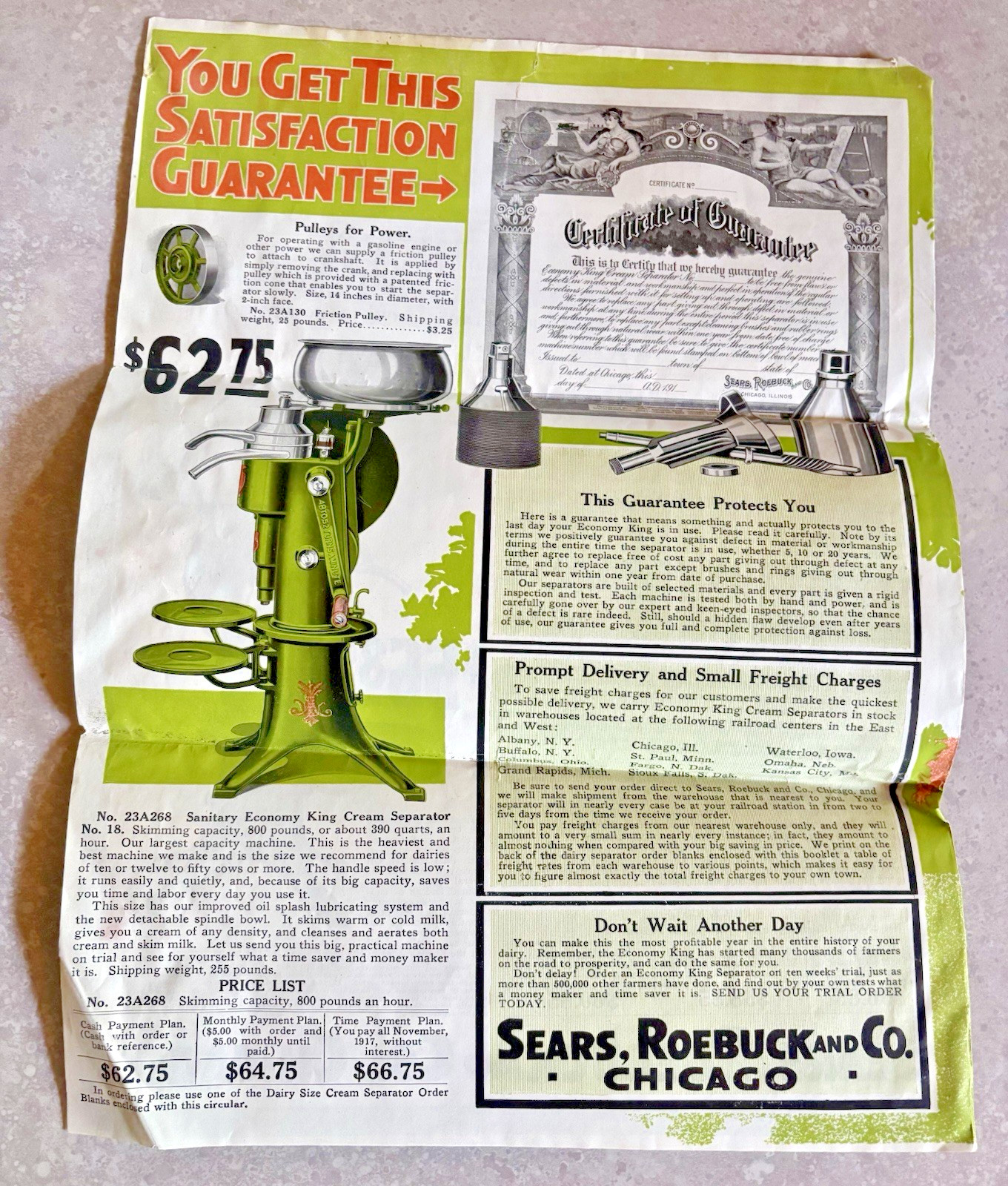 1917 Ad Brochure Sears Roebuck & Co. Economy King Cream Separators