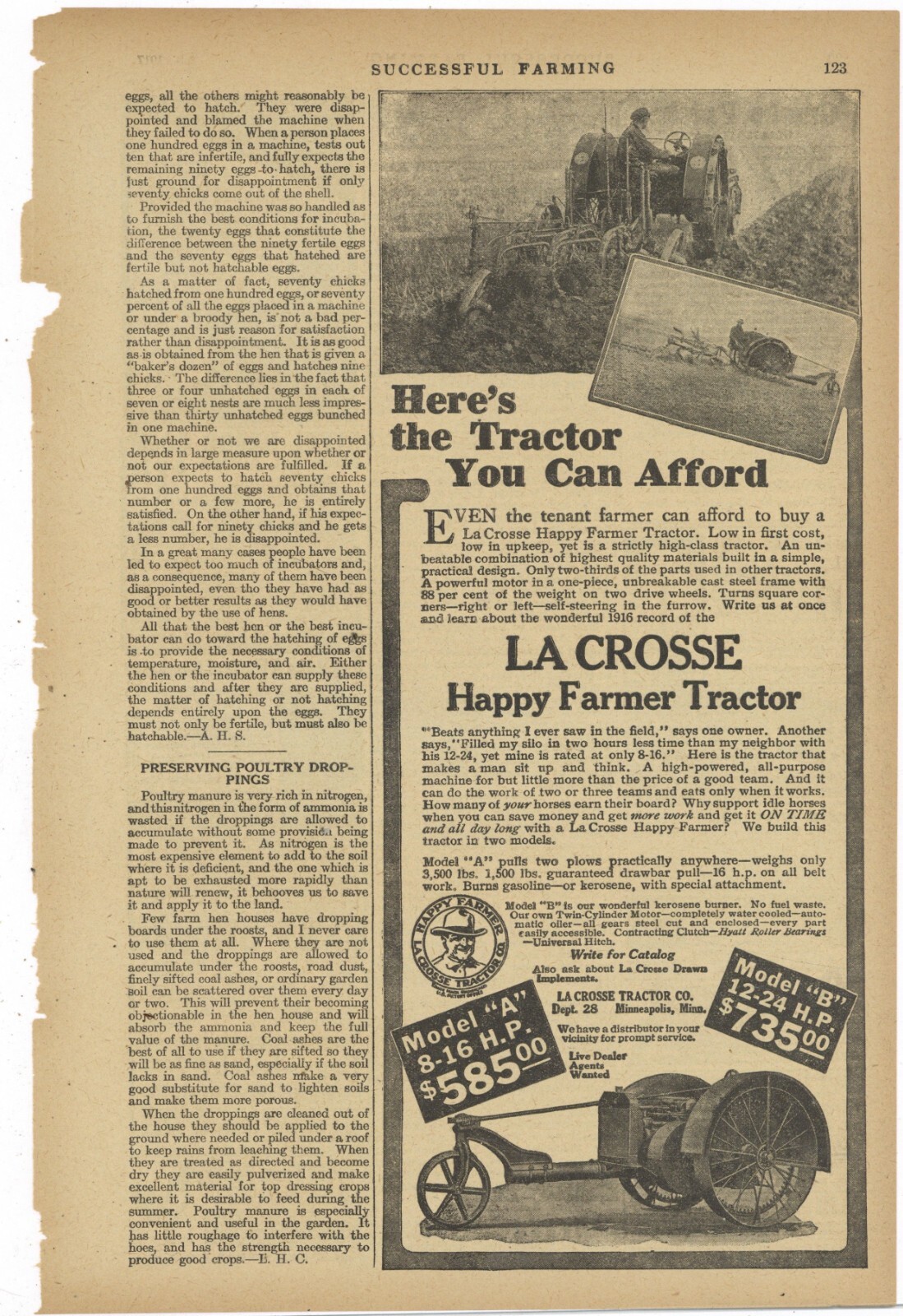 1917 La Crosse Tractor Ad: The Happy Farmer Tractor – La Crosse, Wisconsin