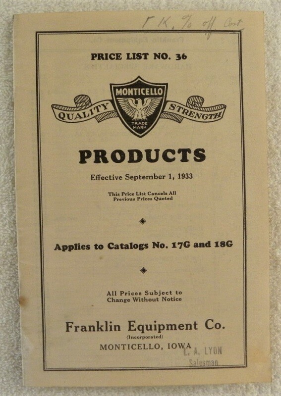 1933 Franklin Equipment, Monticello, Iowa IA, Farm-Barn-Coal Price List Catalog