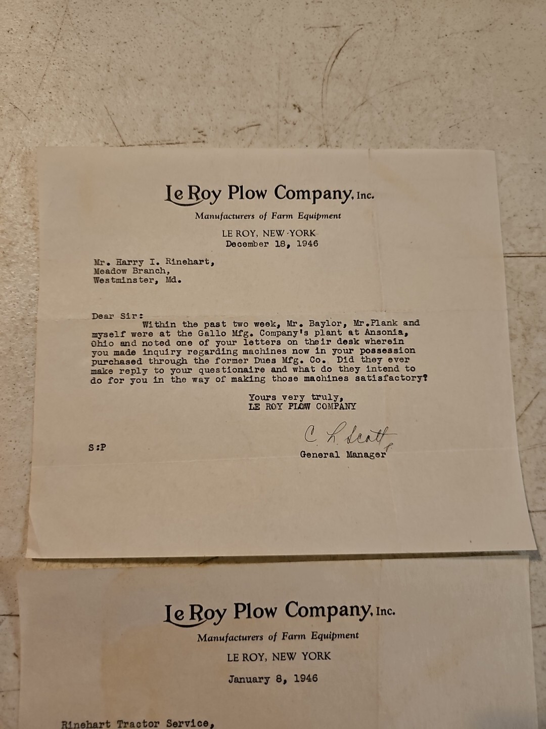 Pair Of 1946 Le Roy Plow Company Letters To Customer.