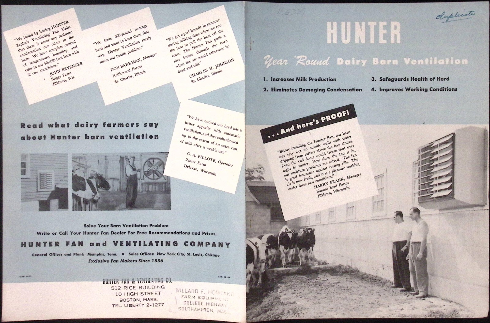 1949 Hunter Year Round Dairy Barn Ventilation Hunter Fan & Ventilation Brochure