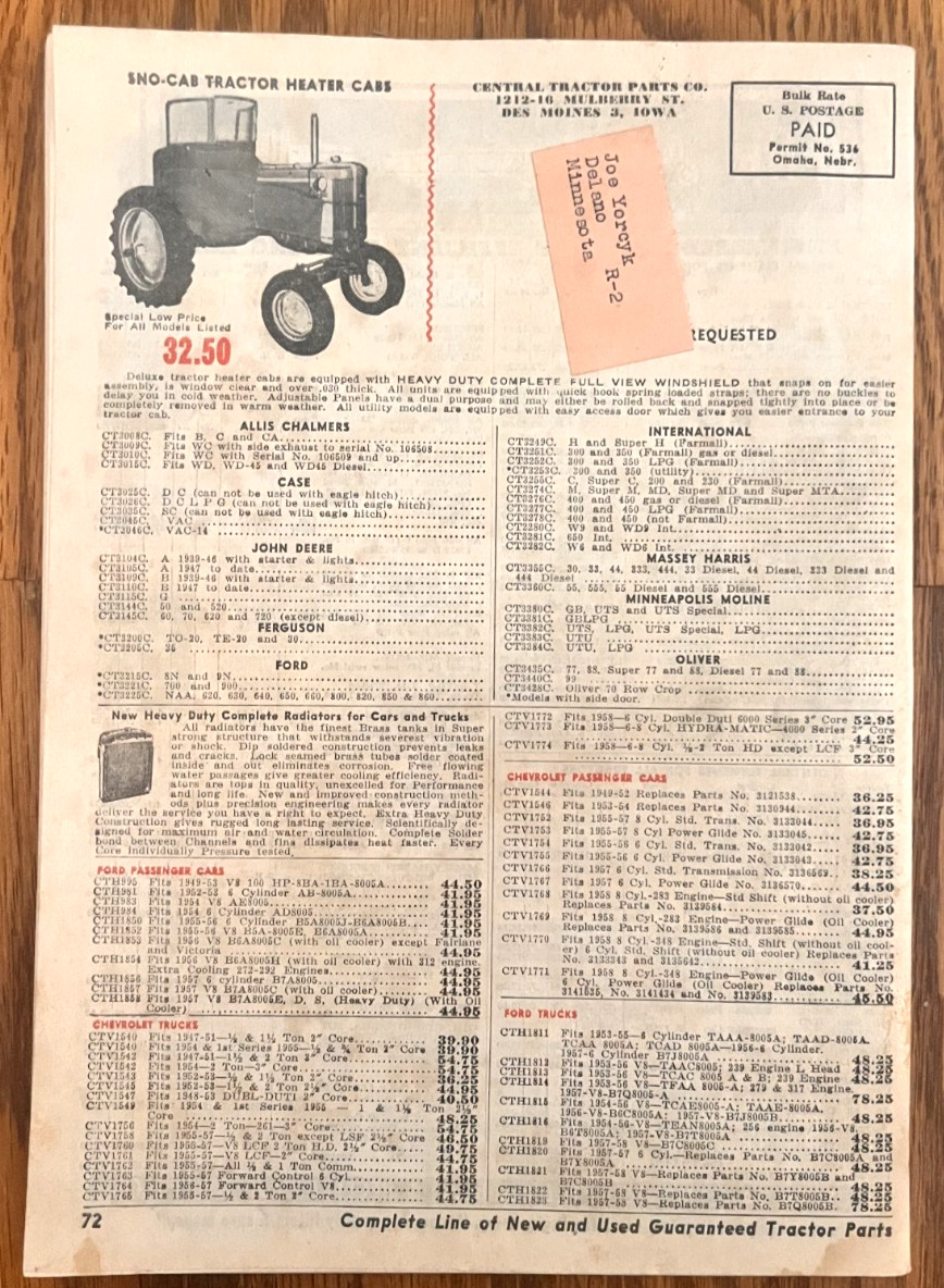 Central Tractor 1959 72-page farm tractor catalog parts & accessories