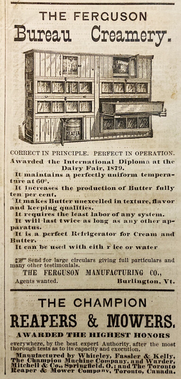 1880 AD(XH72)~THE FERGUSON MFG. CO. BURLINGTON, VT. THE FERGUSON BUREAU CREAMERY