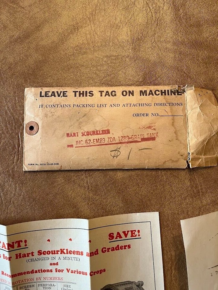 Hart Scourkleen Model 1289 Grain Tank Packing List Attaching Directions Tag 1945