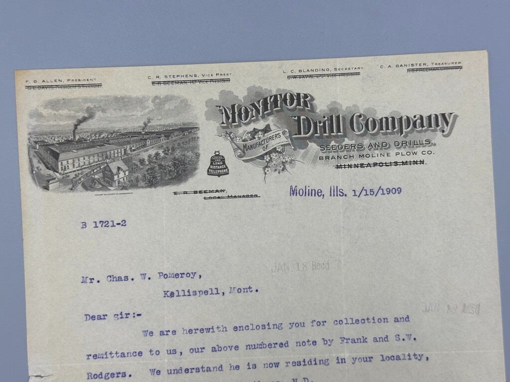 1909 MONITOR DRILL Co FARM ADVERTISING Illustrate Letter Antique MOLINE Illinois