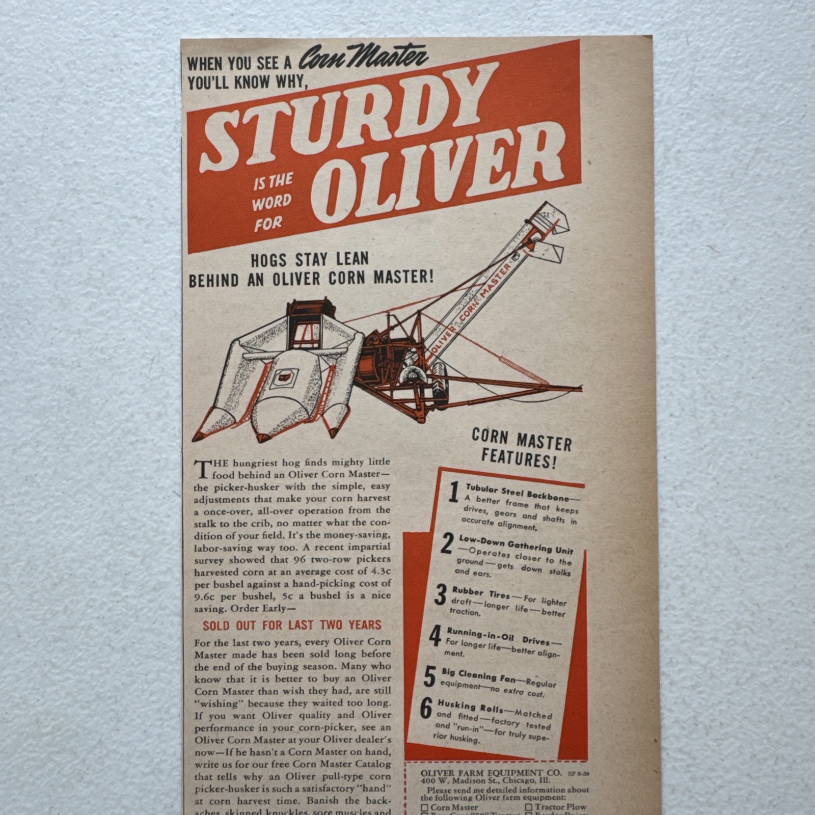 Oliver Farm Equip Co. Corn Master Successful Farming August 1939 Advertisement