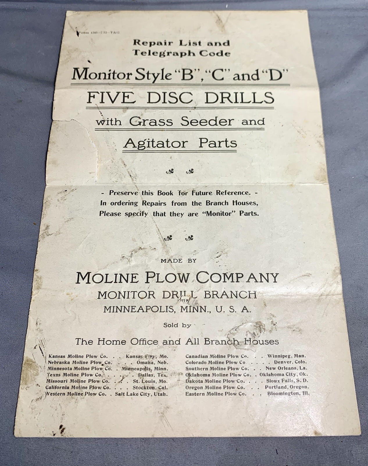 Moline Plow Company Monitor Style « B », « C » and « D » Five Disc Drills Repair List