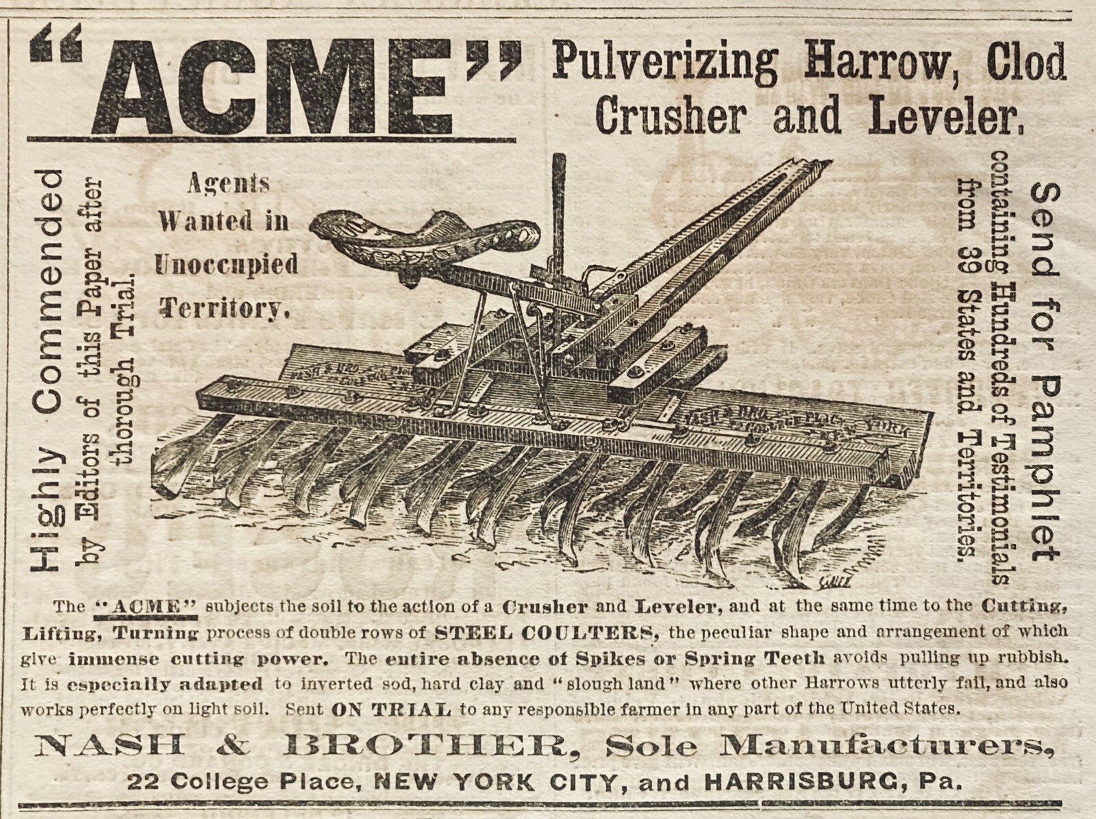 1882 AD.(XH69)~NASH & BRO. MFG. CO. NYC. “ACME” PULVERIZING HARROW, CLOD CRUSHER