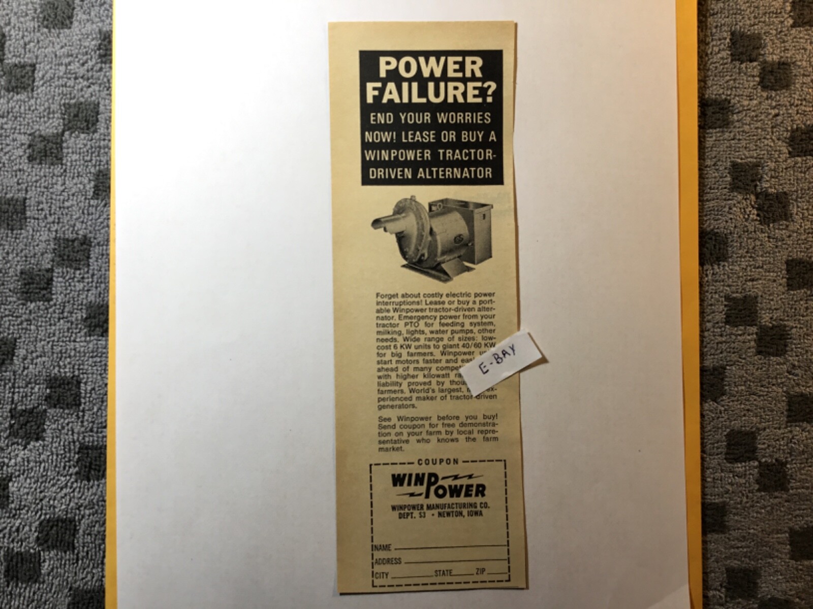 WindPower Manufacturing Co. Newton, Iowa. 1968 Ad. Tractor Driven Alternator