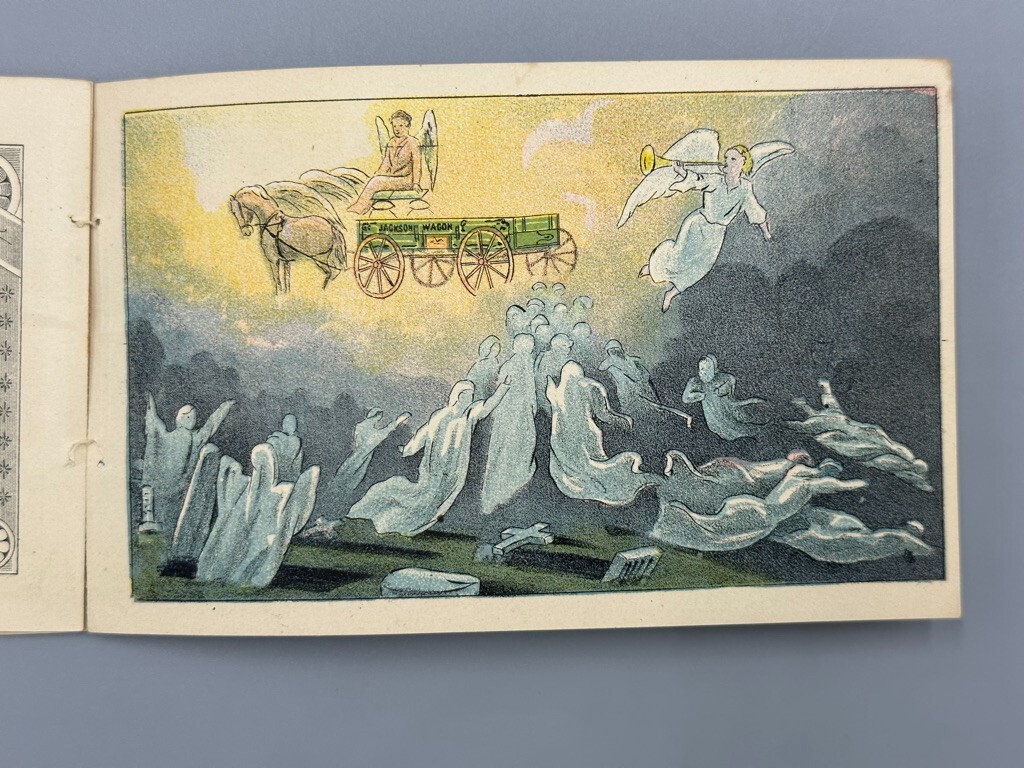 1880s Covered JACKSON WAGON Michigan ANGELS Farm Advertising Trade Card Book