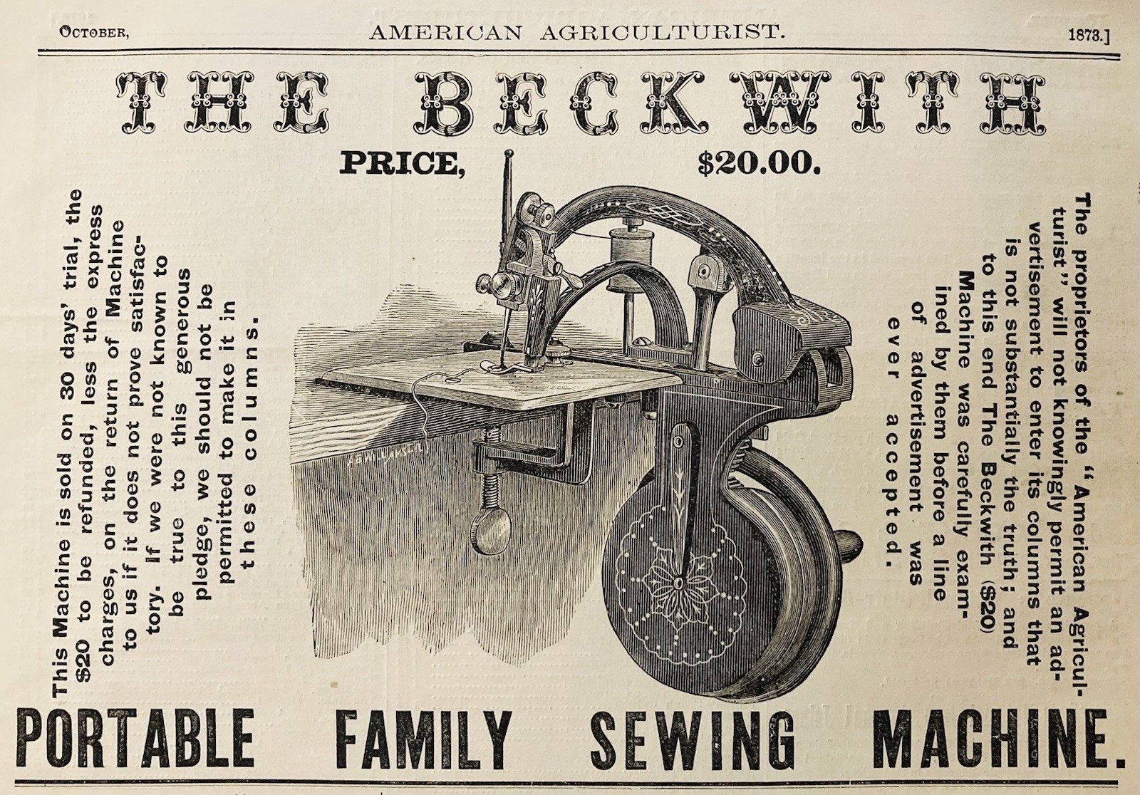 1873 AD.(XH87)~THE BECKWITH PORTABLE FAMILY SEWING MACHINE~PRICE $20