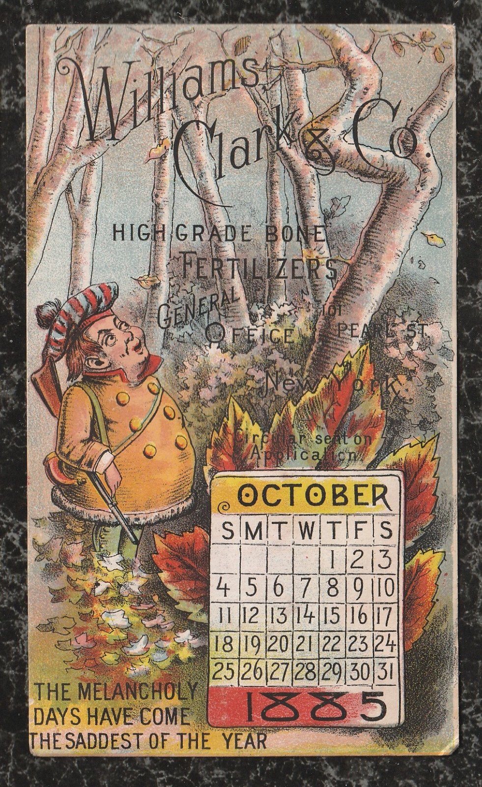1885 Victorian Trade Card October Calendar Williams Clark Bone Fertilizers 5 x 3