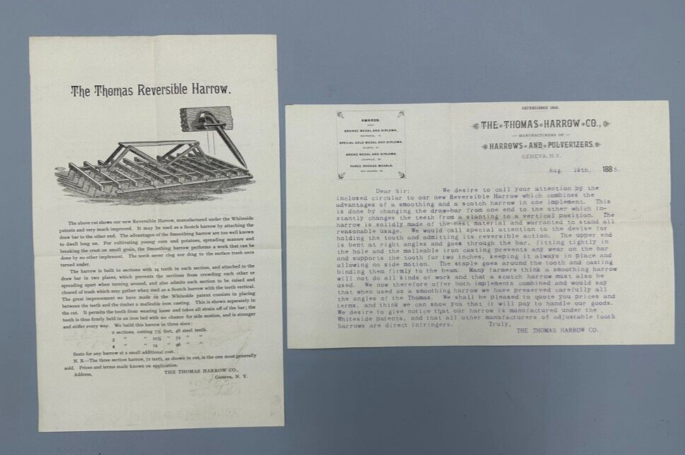 1885 THOMAS HARROW Circular FARM MACHINERY Antique Advertising GENEVA NY flyer