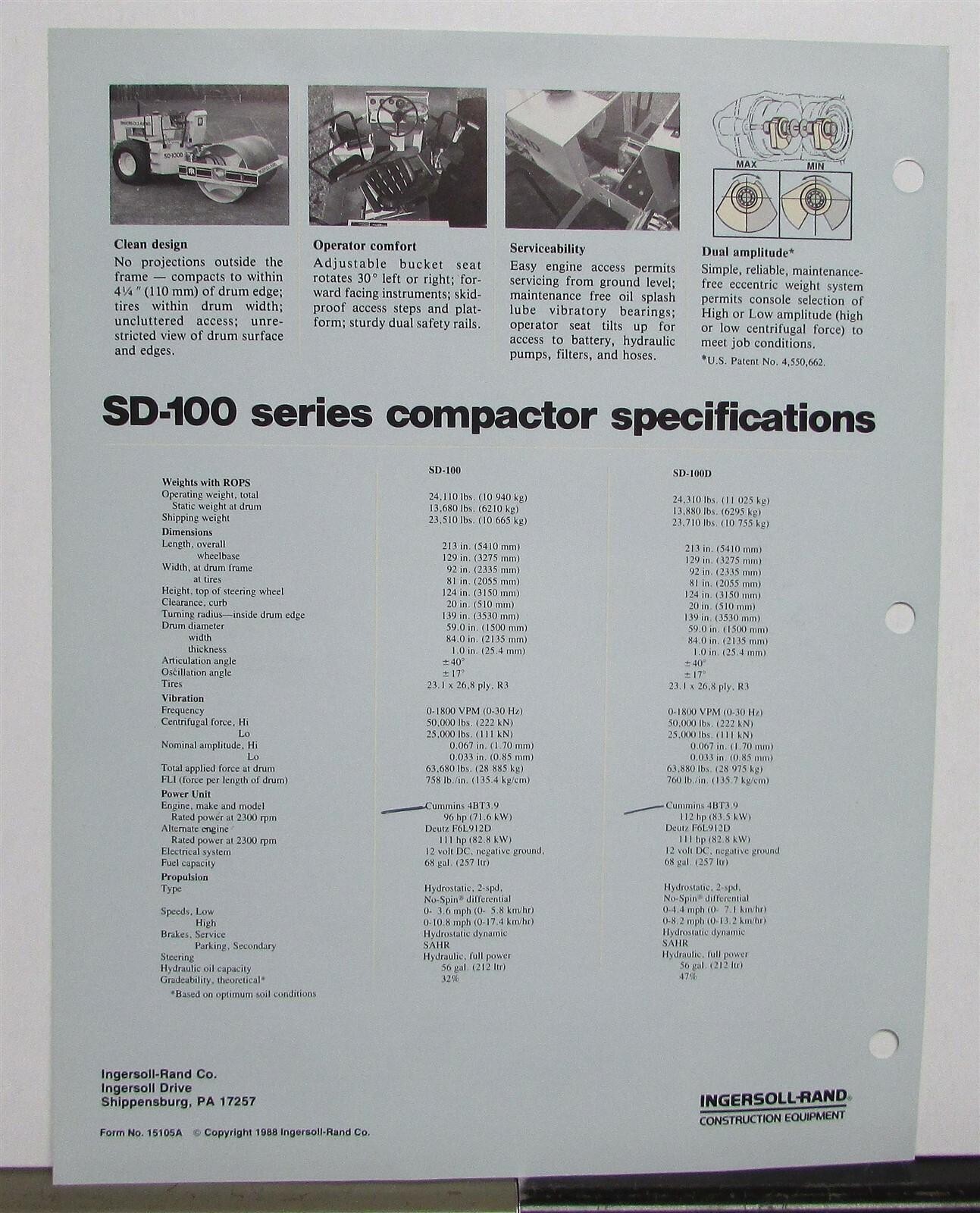 1988 Ingersoll Rand SD100/100D Vibratory Compactors Construction Sale Brochure