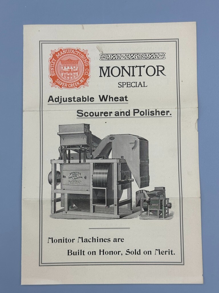 c 1900 HUNTLEY Mfg MONITOR WHEAT MACHINE Silver Creek NY Farm Advertising Antque