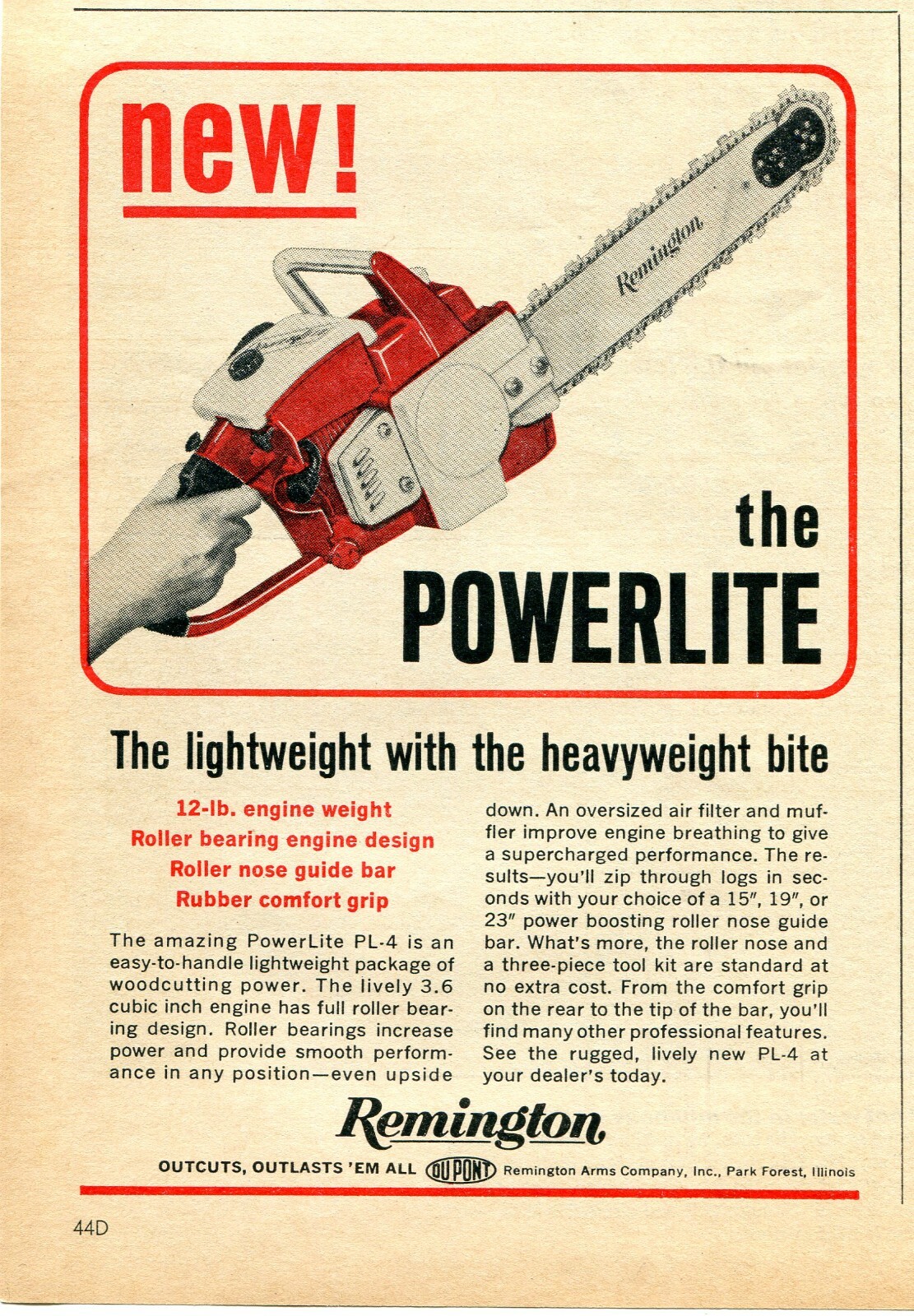 1964 small Print Ad of Remington PowerLite PL-4 Chain Saw