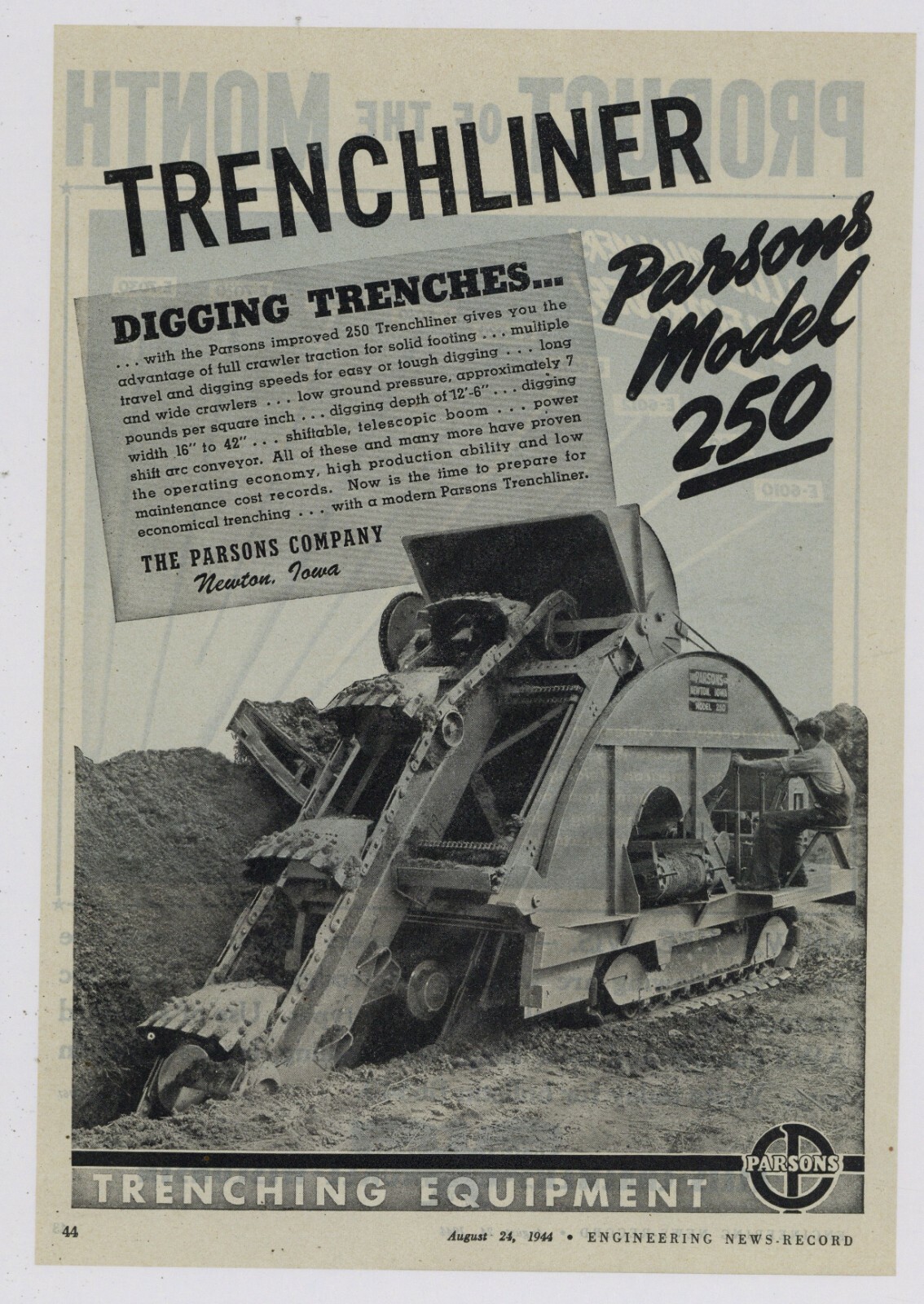 1944 Parsons Model 250 Trenchliner Ad: Trenching Equipment – Newton, Iowa