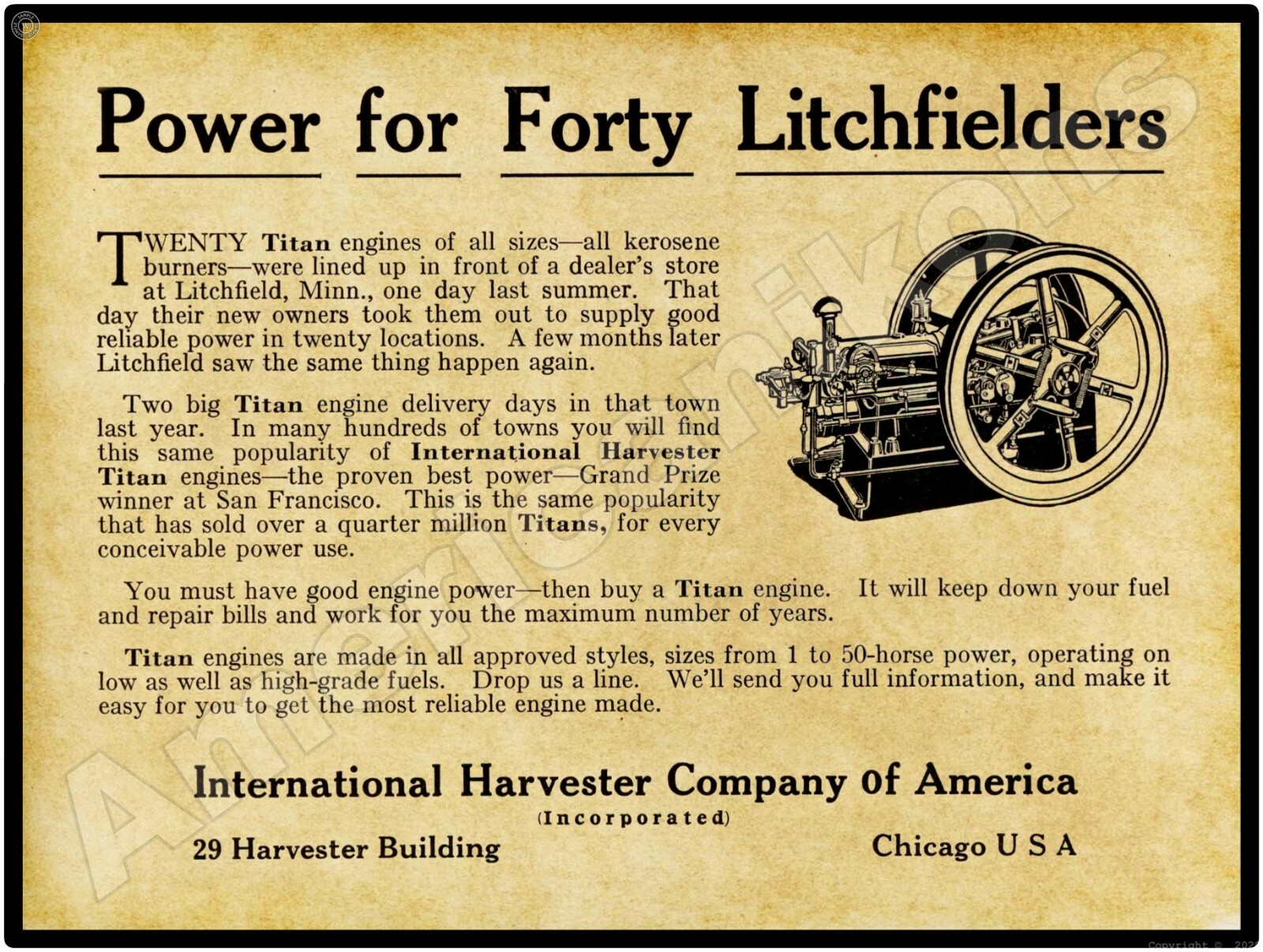 1916 International Harvester Tital Gas Engines New Metal Sign: Chicago, Illinois