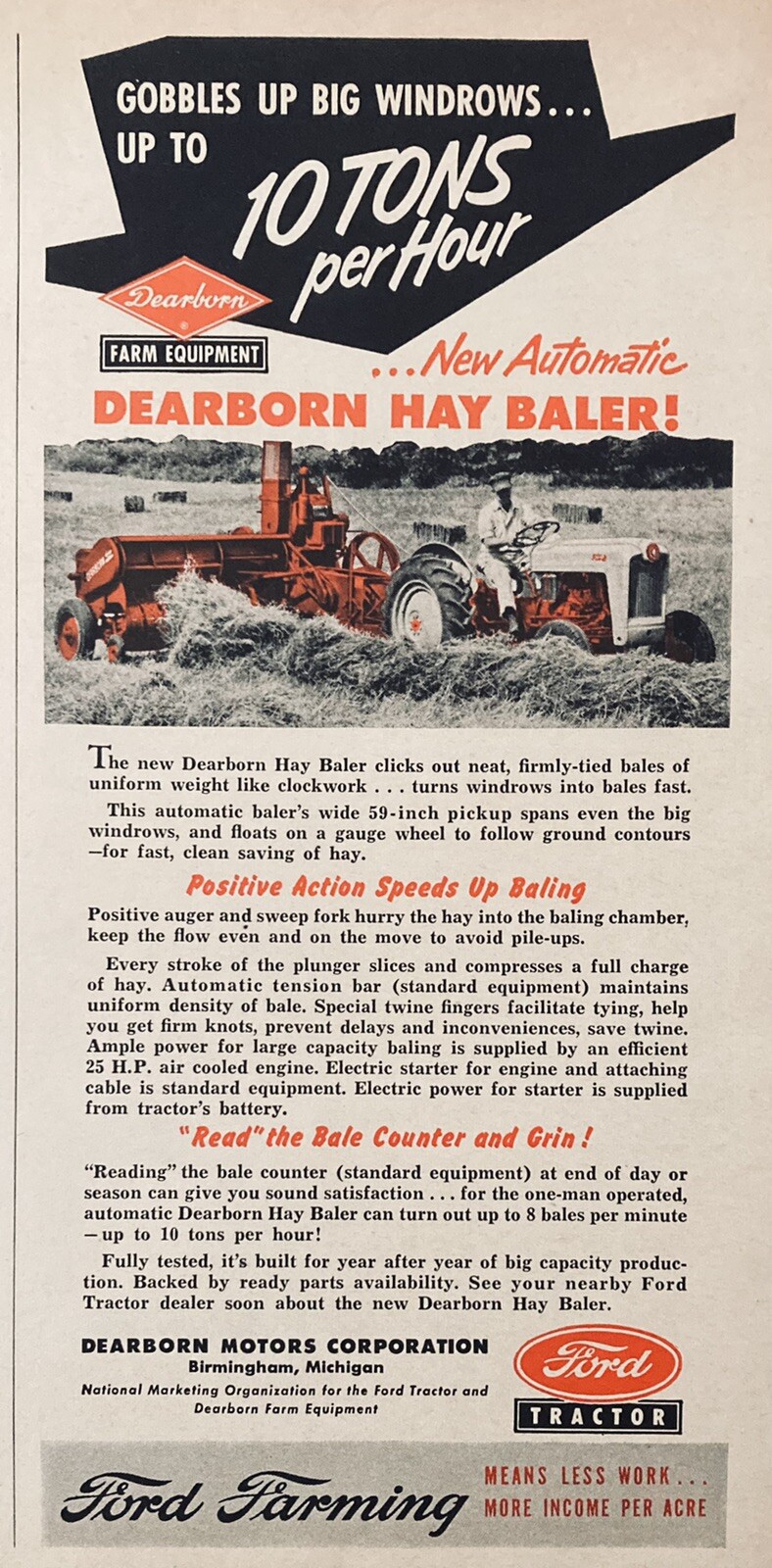 1953 AD.(XH49)~DEARBORN MOTORS CO. BIRMINGHAM, MI. DEARBORN HAY BALER FOR FORD