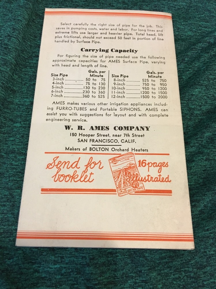 Vintage Ames Irrigate Lockseam Pipe Brochure and Price List 1930&rsquo;s-1940&rsquo;s