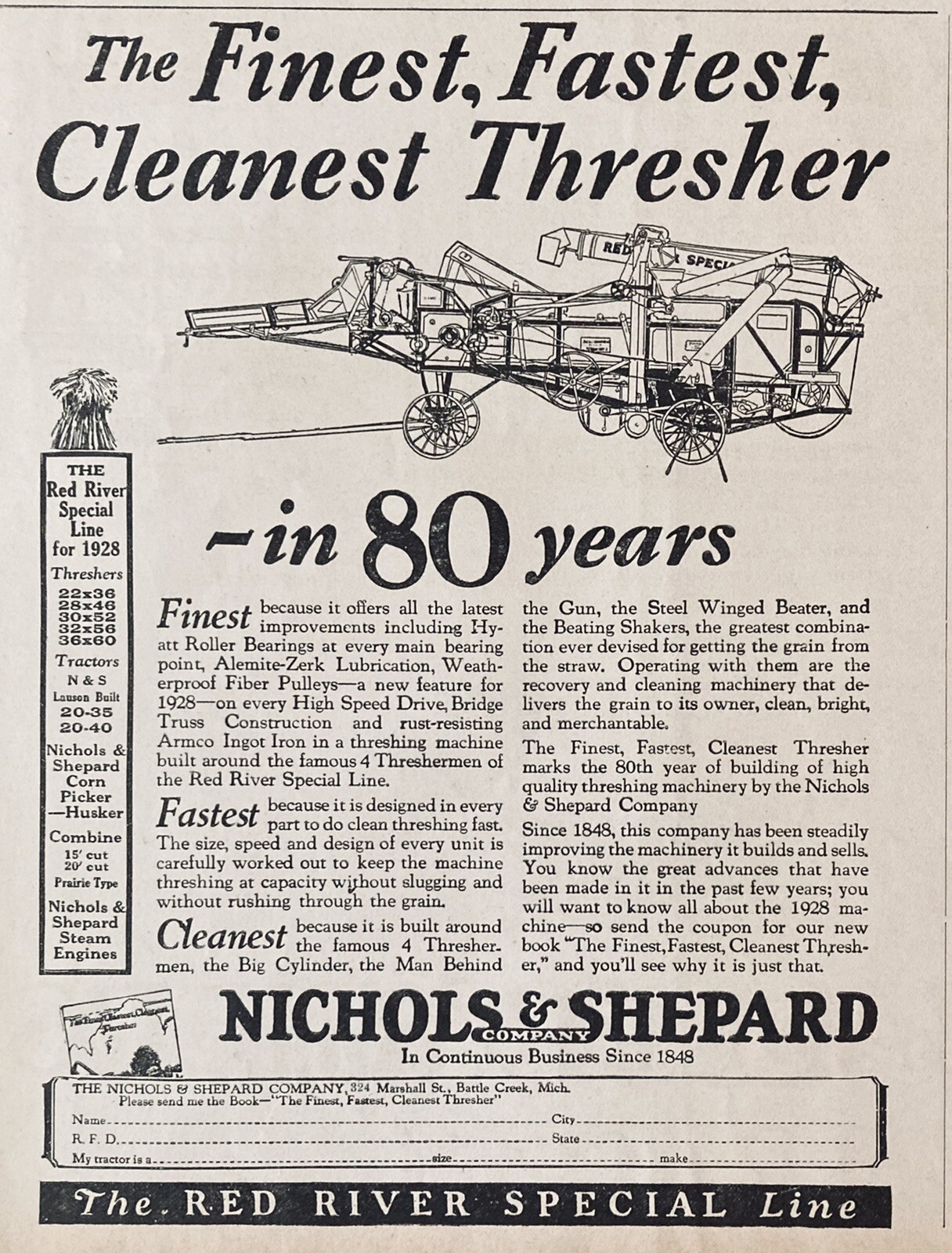 1928 AD.(XH16)~NICHOLS & SHEPARD CO. BATTLE CREEK, MI. RED RIVER THRESHER LINE