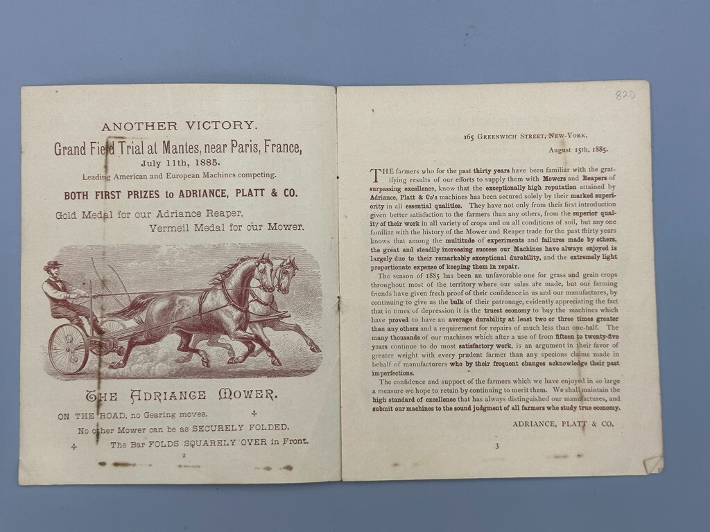 1885 BUCKEYE Works MOWER Reaper Adriance Platt FARM Advertising Trade Card Era