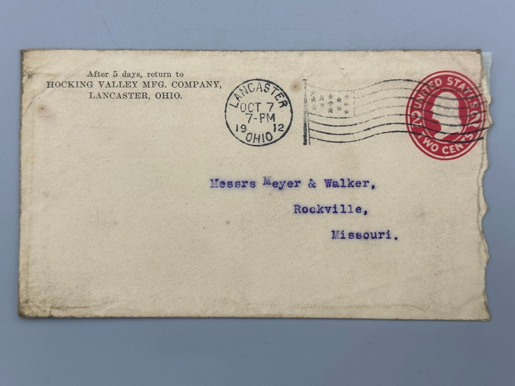 1912 HOCKING VALLEY Advertising FARM Postal Cover Letterhead LANCASTER OHIO