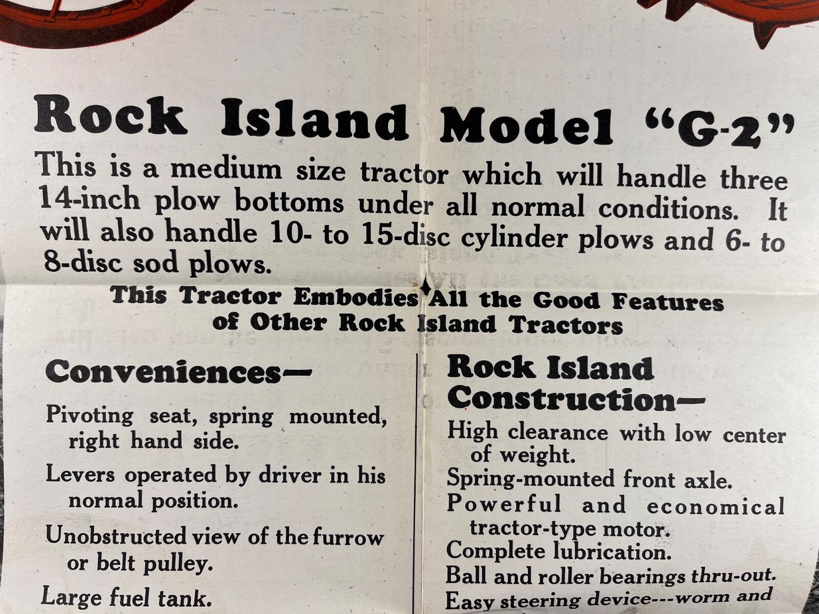 Vintage original Rock Island Model G 2 tractor brochure poster Rock Island Plow