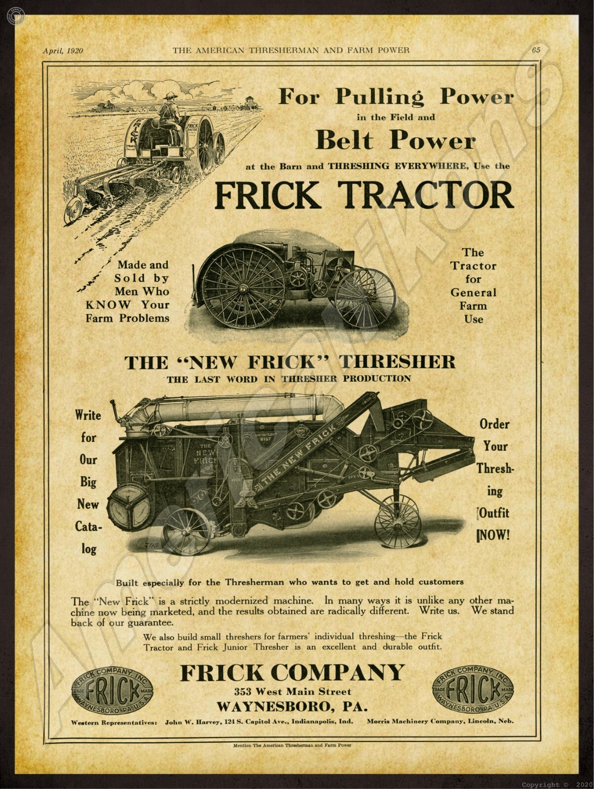 1920 Frick Tractor & Thresher NEW Sign 24&Prime;x30&Prime; USA STEEL XL Size 7 lbs