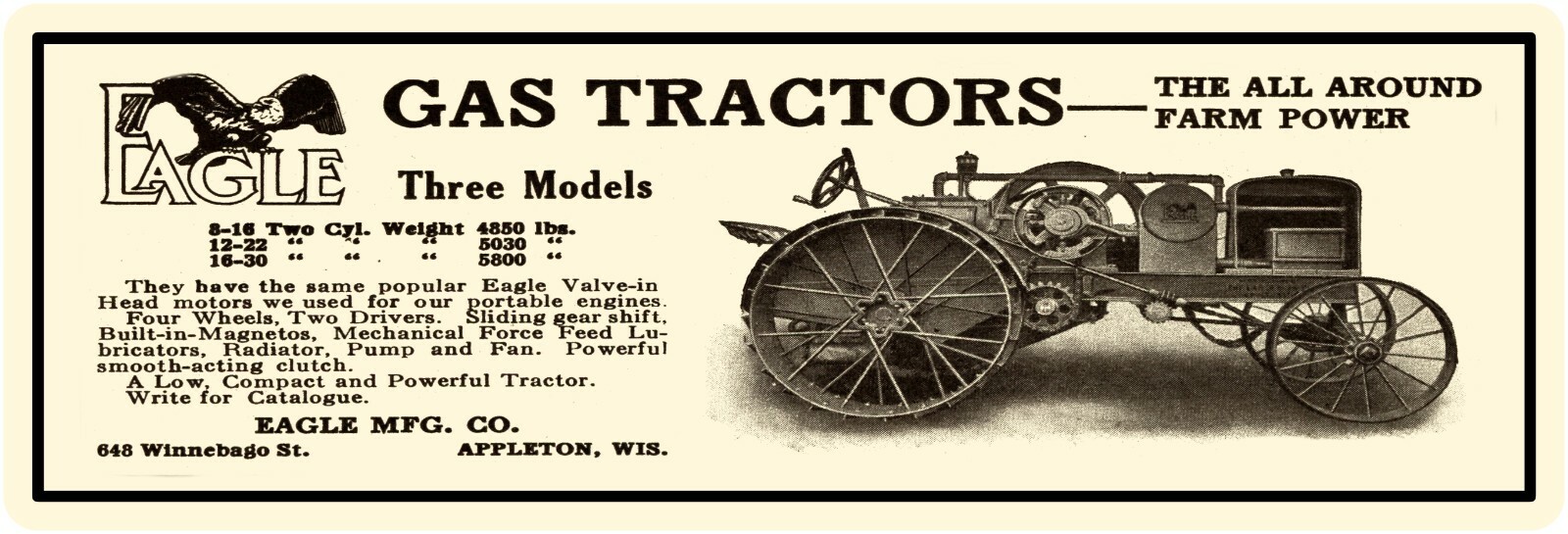 Eagle Gas Tractors of Appleton, WI Sign, 12&Prime; x 36&Prime; USA STEEL XL Size – 4 POUNDS